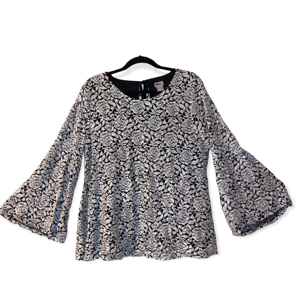 Chico's Black and White Floral Bell Sleeve Blouse